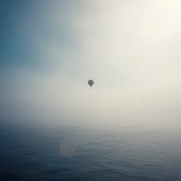 tiny hot hair ballon at the horizon flies above the sea, beautiful light, HDR, hazy, foggy, atmospheric perspective, volumetric fog, cinematic, 35mm lens, anamorphic lens flare, photographic, cinematography by roger deakins, in the style of ansel adams, low details,