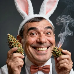 hyper realistic, close up portrait of a mega derpy mr. bean, big chungus, with bunny ears, smoking massive amounts of weed, big smile, buck rabbit teeth, by greg rutkowski, scott m fischer, artgerm, loish, slight glow, atmospheric, anne stokes, alexandros pyromallis, 4 k, 8 k