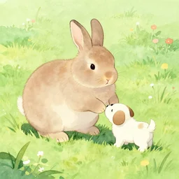 fat rabbit playing with puppy in field watercolor