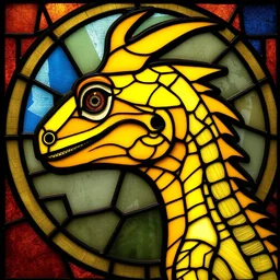 side - view portrait of the head of a yellow dragon lizard, 1 0 th century stained glass window, masterful
