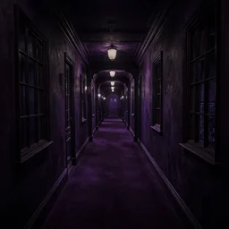 inside of a dark haunted mansion hallway, dark purple carpet, endless hallway, the back rooms