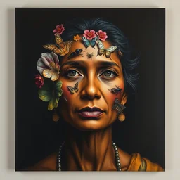 oil painting portrait dark background 8 0's srilankan woman face made of flowers and insects by otto marseus van schriek rachel ruysch christian rex van minnen, by craig mullins, j. c. leyendecker, lights, art by ernst haeckel