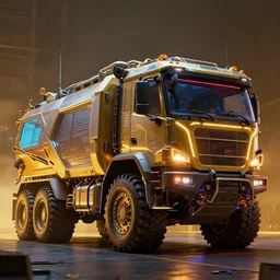 a extreme huge cyberpunk combat truck, luminescent, rule of thirds, golden ratio, ambient lighting, syd mead, greg rutkowski, wlop, artgerm, artstation, highly detailed masterpiece