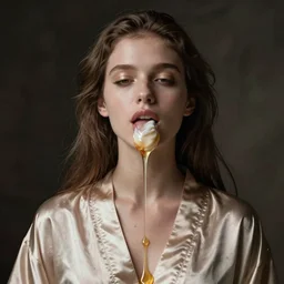 portrait of a girl, in a silk robe, ice cream dripping down her top to bottom, oil coming out of her mouth, hyperrealistic, hightech