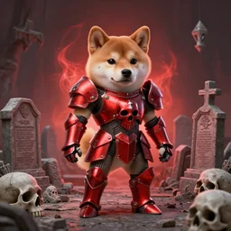anthropomorphic shiba inu, red metal skullknight armor, standing, cementary of skulls, fantasy 3 d render, masterpiece, red aura, by donato giancola and greg rutkowski and wayne barlow and zdzisław beksinski, realistic face