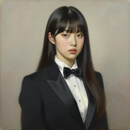 portrait of a beautiful korean girl with long hair and bangs wearing a tuxedo, angular features, oil on canvas, elegant pose, masterpiece, Jonathan Yeo painting