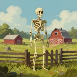 a painting of a skeleton on a farm with a barn in the background, concept art by ismail inceoglu, trending on artstation, environmental art, apocalypse art, 2 d game art, concept art