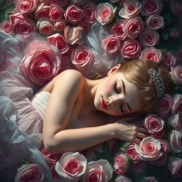 an intricate artistic pose painting of a beautiful young ballerina with an artistic pose sleeping in a bed of roses, american beauty inspired with painterly motives and textures, hyper detailed, sleeping beauty, octane render, vivid colors, artstation, by jeremy mann, by alphonse mucha, by boris vallejo