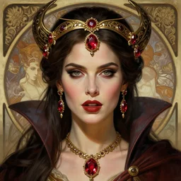 portrait of kate beckinsale as a vampire queen, jewelry, greek, ruby, intricate, headshot, highly detailed, digital painting, artstation, concept art, sharp focus, cinematic lighting, illustration, art by artgerm and greg rutkowski, alphonse mucha, cgsociety