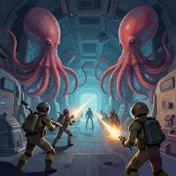 space soldiers shoot at giant alien squids inside the corridors of spaceship, cinematic, vector behance hd jesper ejsing, hyper detailed, digital painting, artstation, concept art, art by artgerm and mizutani shion, 8 k