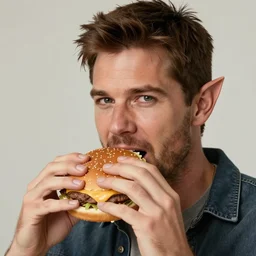 Portrait of Nathan Drake with elven ears eating a cheeseburger, realistic, detailed, 4k by Greg Rutkowski Mark Arian trending on artstation