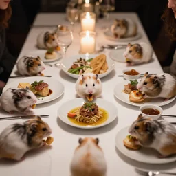 photo of a hamsters on a date, eating various michelin dishes, at night, faded colors, candlelit restaurant table, various poses, unedited, soft light, centered, sharp focus, 8 k