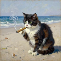 An impressionist oil painting of a cat lighting a cigar on a beach in 1980, 30mm film