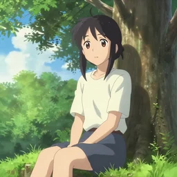 Chika Fujiwara sitting under a tree, anime key visual, digital art, anime screenshot, kyoto animation, makoto shinkai, trending on artstation