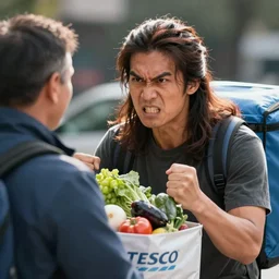 photo of asian man with long brown hair furious, angry at late tesco groceries delivery man