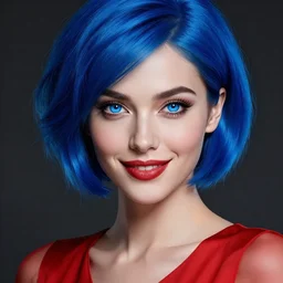 an insanely detailed bust up portrait of a beautiful woman facing you, highly detailed features, sparkling blue eyes, long eyelashes, short electric blue hair, beautiful smile, red dress, in the style of peter mohrbacher, artgerm, dramatic lighting and composition, octane render, trending on artstation, concept art 8 k