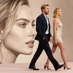 still of ryan gosling and margot robbie, walking on eva mendes face