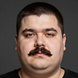 face portrait a big beefy man with a large face, thick dark hair, a bushy black moustache, shaved beard, with hardly any neck and mean little eyes, highly detailed, sharp focus, trending on art station, colourful drawing