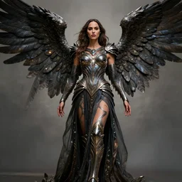 tull body shot, hero pose of a beautiful angel warrior queen gal gadot in futuristic dark seraphim angelic intricate body sculpted cosmic armor and flowey ornate robes, highly detailed, 8 k, hdr, digital art, octane render, neo classical appeal award - winning, trending on artstation, ann stokes
