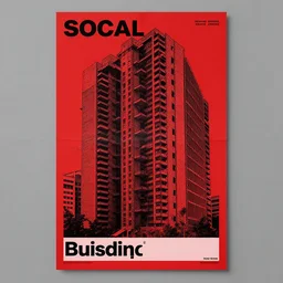 socialmodersist building, red background, brutalist architecture, detailed, poster, screen print