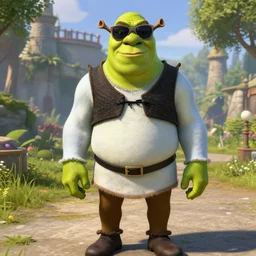 Screenshot of Shrek from the film Shrek as a 3d NPC Wearing a black 3-piece tuxedo and sunglasses in the videogame 'Hitman 3' (2021). Beautiful environment. Gorgeous level. Sharpened. 4k. High-res. Ultra graphics settings.