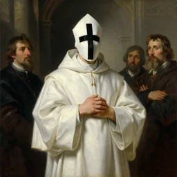 neoclassical portrait of a cleric wearing in white holy robes and a black cross mask in his temple, by jacques - louis david, by greg rutkowski, by zdzisław beksinski, by josep tapiro baro, trending on artstation, featured on pixiv, masterpiece, oil on canvas, cinematic composition, dynamic beautiful lighting,