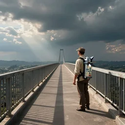a milkman with a jetpack inspecting an endless bridge