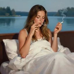 mila kunis waking up with coffee and cigarettes, dramatic light, lake background, 2 0 0 mm focal length, 1 9 7 0 s, painted by stanley lau, painted by greg rutkowski, painted by stanley artgerm, digital art, trending on artstation