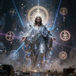 divine jesus, technology and magick, circuitry and sigils combined, photorealistic, royo, frazetta, leds, dust, laser light, crystalline shimmers, chaos, complexity, emergence,