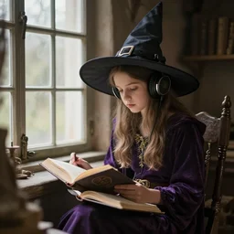 young medieval witch girl wearing witch's hat and headphones headphones headphones sitting studying by window