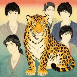 a portrait realistic leopard by shin hanga and kawanabe kyosai and katsuhiro otomo. ukiyo - e shohei otomo and satoshi kon, and greg rutkowski weta studio and lucasfilm, woodblock print, coherent, behance, global illumination, golden ratio, flat colors, thick black outlined,