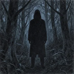 a drawing depicting a dark figure in the woods at night, 4 k, high detail