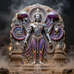 epic sculpture at Khajuraho, steam, smoke, dust, rimlight, godes, made from electric condensators Shiva, veins, vibrant, xray,  flat shaped chrome relief, fossil, MINIATURE CITY, mechanic bionic fungus flower cyberpunk cat mechabot, by david lachapelle, maze, tubes, joints, buttons, gears, relief by Goga Tandashvili, by jonas burgert, by Wayne Barlowe, cinematic