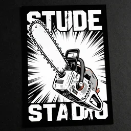comic book cover for a studio with a chainsaw, black and white, black paper, street printed poster, vector art, illustration,