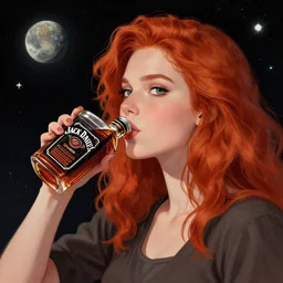 a red head girl drink jack daniels in space, detailed digital art by greg rutkowski.