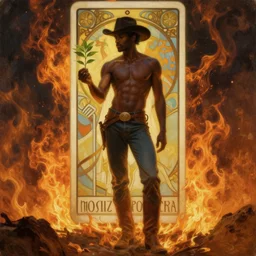 a dramatic ethereal epic painting of a handsome black cowboy offering a small plant | he is shirtless and wearing a hat and boots | fiery conflagration background | tarot card, art deco, art nouveau, homoerotic | by Mark Maggiori and Alphonse Mucha | trending on artstation