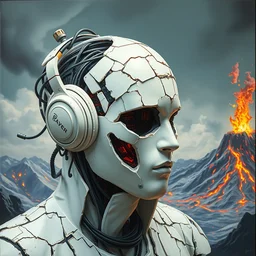 stunning person completely made out of chipped white paint, banana, exposed pc circuitry!! and white glossy plastic, razer naga molten volcano backdrop, by greg rutkowski, oil on canvas, intricate design, high detail!!, trending on artstation, 4 k