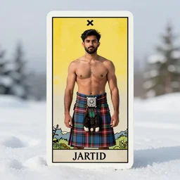 a symmetrical tarot card of a buff shirtless desi mountaineer wearing a scottish tartan kilt on a snowy mountain peak. he has a wooden staff, cowboy hat, and boots. background is a stained glass golden sunrise. art deco, art nouveau, homoerotic. by raja ravi varma, by louis comfort tiffany, by albert bierstadt. trending on artstation.