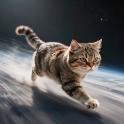 photo of hyperspeed flying through outer space, grumpy cat running fast with motion blur