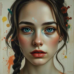 a hyper detailed realistic and surreal portrait of a female model, bored eyes, cool expression, beautiful symmetrical face, award winning painting, brush splashes of vivid colors, artwork by chiara bautista and beksinski and norman rockwell and greg rutkowski, tom bagshaw weta studio, and lucasfilm, made with canon eos