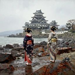 « wandering geishas on a rusty rocky beach on a rainy day with a victorian japanese castle in the background, portra 4 0 0, low wide angle, focal length 2 4 mm, grain, photorealistic in john singer sargent style »