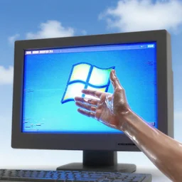 glass glossy hand reaching out of an old glitchy windows computer screen in windows bliss - low angle shot, improvised sky