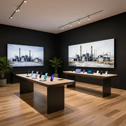 daily deviation industrial sketch by michal kus!!! of serious grounded balanced muted flagship samsung store, black walls. timber floor. low ceilings with spots. curved furniture, with large digital screen. display tables with phones and tablets, pots with plants, large digital screens on the walls