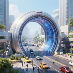intergalactic stargate portal in the middle of a bustling city, with cars and people going about their business oblivious to the strange thing in their midst by john howe