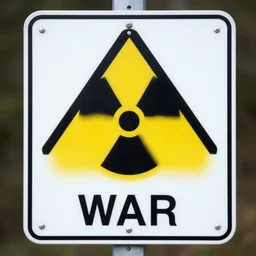 a warning sign that warns about nuclear war, high detail, photorealistic