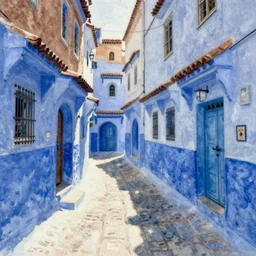 narrow streets of old chefchaouen, turquoise and blue color, graphic novel, watercolor, by claude monet, by edward munch