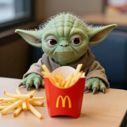 yoda, annoyed, yoda sitting behind a table inside mcdonald's, small red cardboard box on table, yellow m logo on box, soggy french fries, 3 5 mm, f / 2. 8