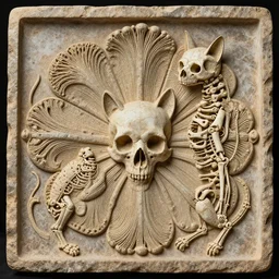 epic diptych, flat shaped stone relief, fossil, mechanic bionic fungus flower cat skull skeleton dissection relief, by Lorenzo Ghiberti, by Goga Tandashvili, artstation, cgsociety, at Khajuraho