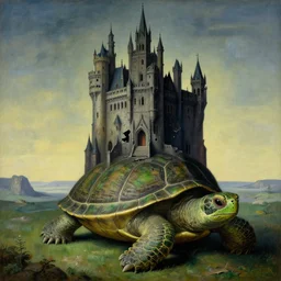 the eternal gothic castle of broken dreams, on top of a giant green turtle, by magritte, dali, breton, masterpiece, symbolism, surrealism, landscape, oil on canvas, 8 k
