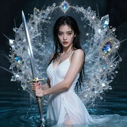 portrait of a beautiful woman wearing a white dress, holding a sword, drenched body, wet dripping hair, emerging from the water, fantasy, regal, fractal crystal, fractal gems, by ross tran, stanley artgerm lau, greg rutkowski, thomas kindkade, alphonse mucha, loish, norman rockwell